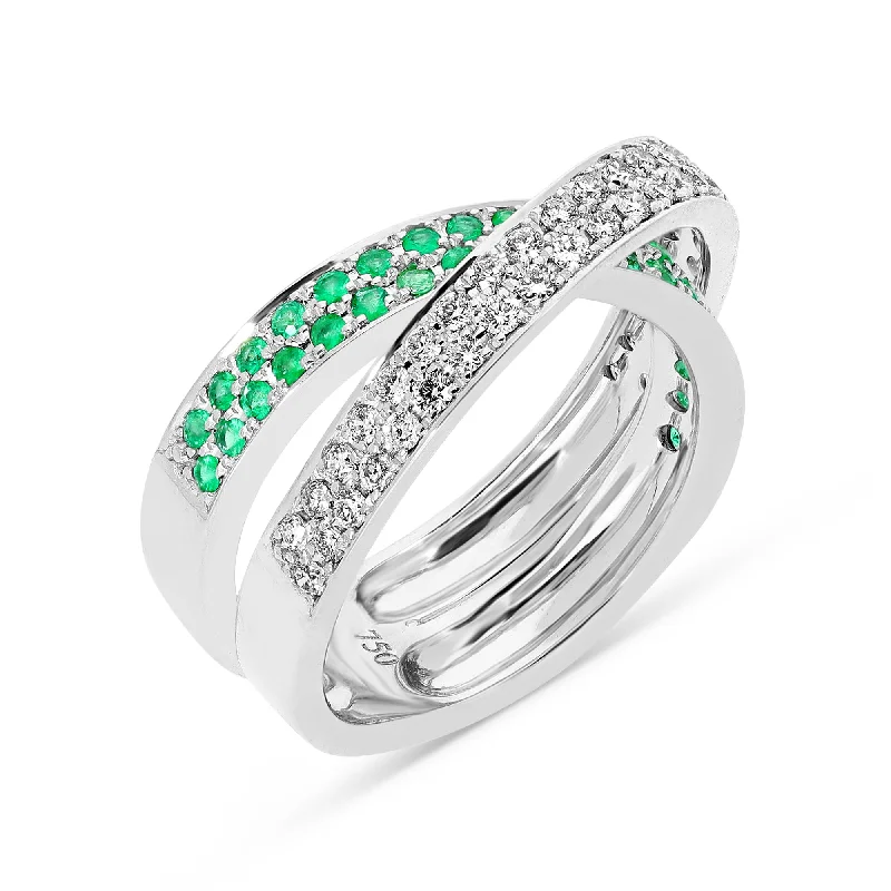 Women’s infinity engagement rings-Emerald and White Diamond Crossover Ring