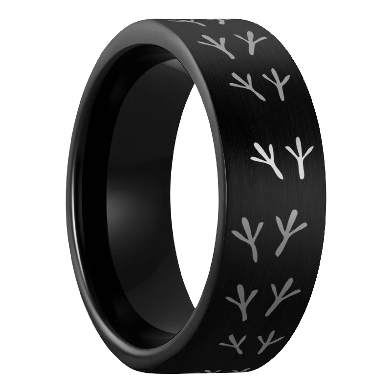 Elegant rings for women-Bird Tracks Brushed Black Tungsten Men's Wedding Band