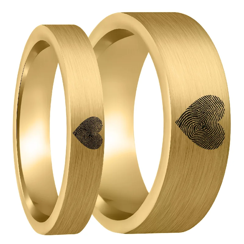 Unique wedding rings for women-Custom Heart Fingerprint Brushed Gold Tungsten Couple's Matching Ring Set