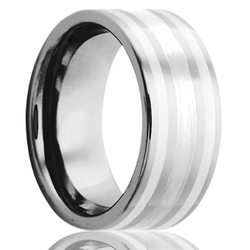 Simple rings for women-Triple Argentium Silver Inlay Cobalt Men's Wedding Band