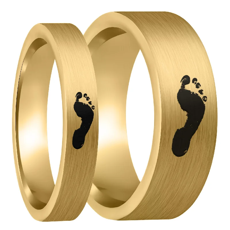 Women’s casual rings-Custom Footprint Brushed Gold Tungsten Couple's Matching Ring Set