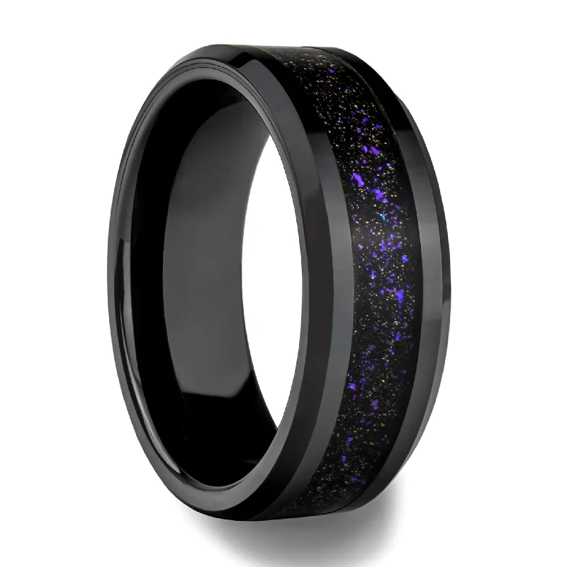 Women’s engagement rings-Black Ceramic Men's Wedding Band with Purple Galaxy Goldstone Inlay