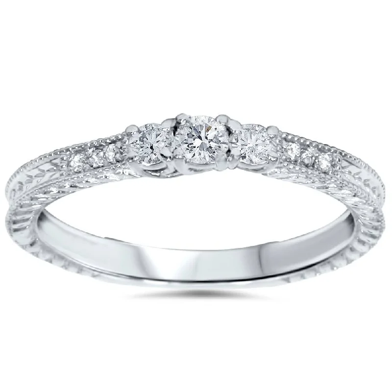 Women’s wedding band engagement rings-1/4ct Vintage Three Stone Round Diamond Engagement Ring 14K White Gold