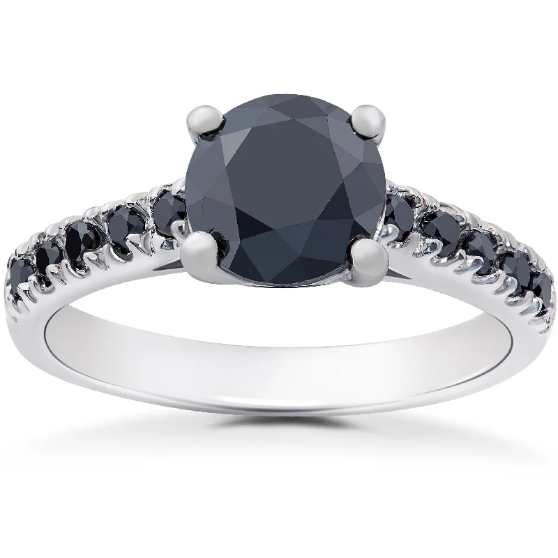 Women’s side stone engagement rings-2 1/4 ct Black Diamond Solitaire Accent Engagement Ring 14k White Gold