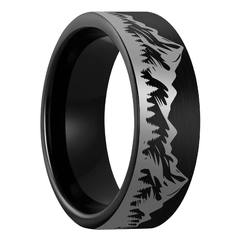 Women’s zirconia rings-Mountain Range Forest Brushed Black Tungsten Men's Wedding Band