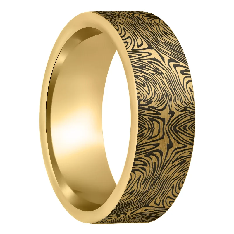 Women’s diamond cocktail rings-Damascus Steel Pattern Engraved Brushed Gold Tungsten Men's Wedding Band