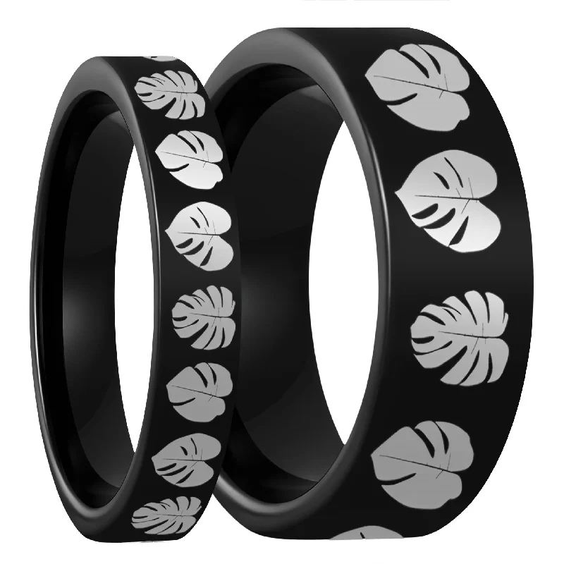 Women’s ring sets-Monsterra Leaves Black Tungsten Couple's Matching Wedding Band Set